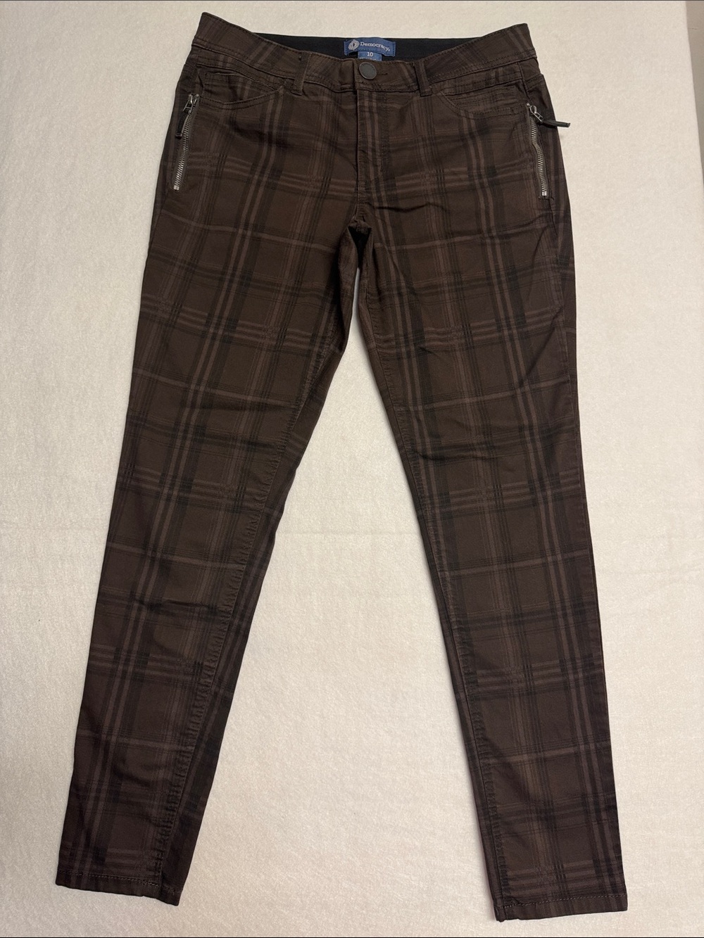 Democracy Brown Plaid Skinny Jeans with Zip Pockets